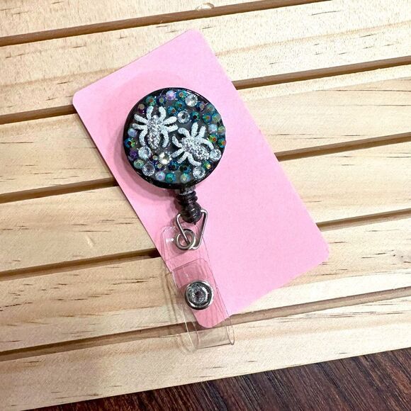 Creepy Crawley Silver Spider Clip On Black Badge Reel With Rhinestones - Picture 1 of 1